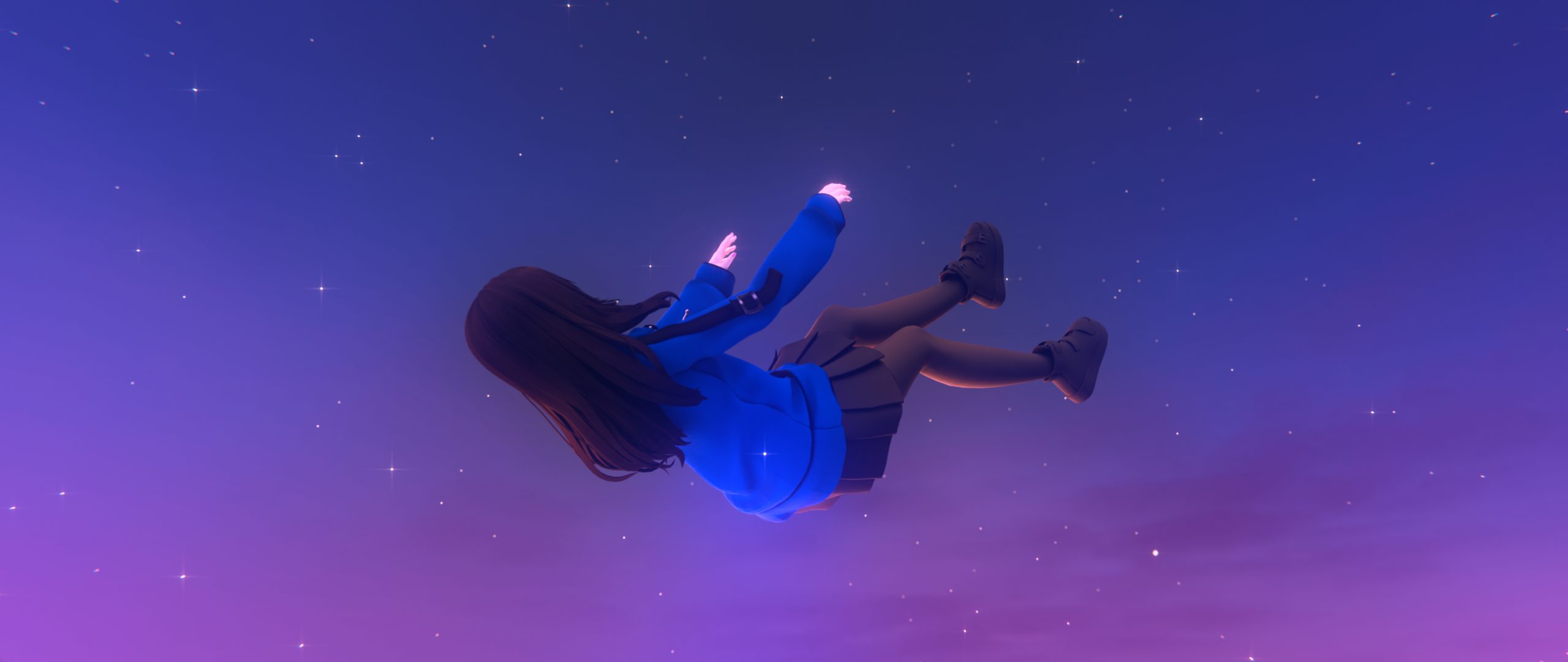 a figure falling gently through a starlit violet sky