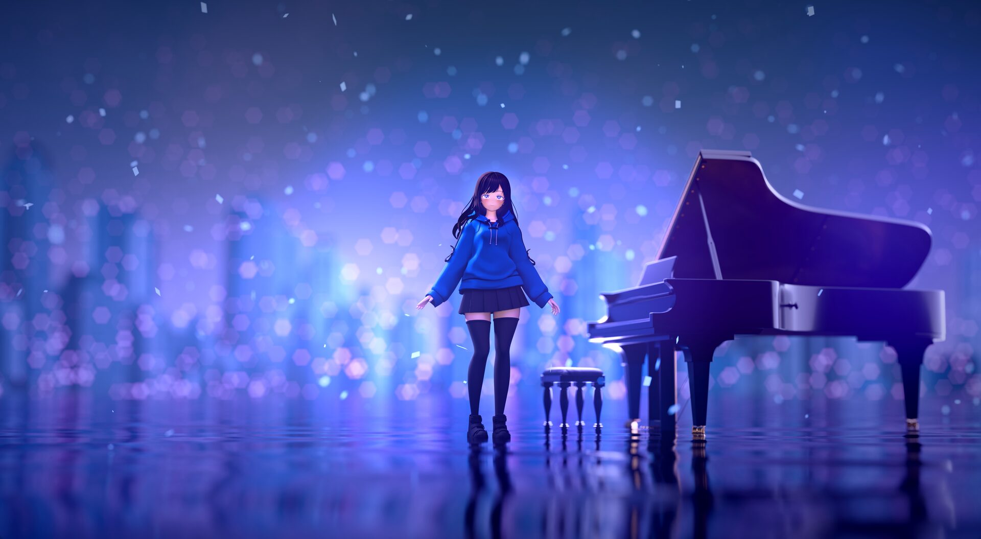 a figure by a grand piano on a vast mirror-still sea at dusk
