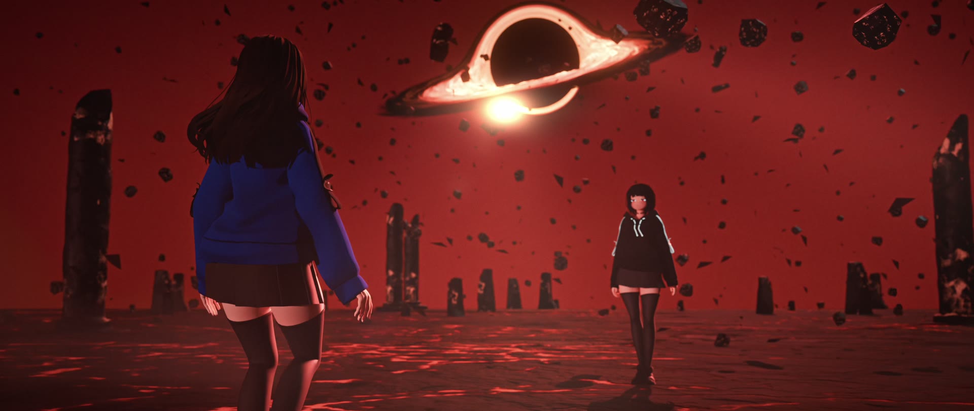 two figures apart in a red realm beneath a black hole